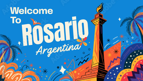 Welcome to Rosario, Argentina - Vibrant Cityscape Illustration with Monument, Palm Trees, and Festive Elements