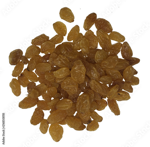 Heap of golden sultana raisins isolated on transparent background top down shot
