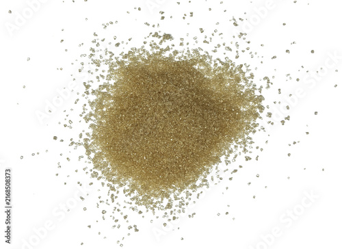 Fine golden sand granules or sugar crystals spread isolated on transparent background
