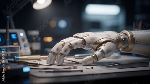Robotic hand resting on a workbench surrounded by electronic components and specialized tools in an advanced laboratory setting.