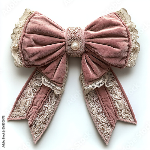 Elegant Pink Bow with Lace Trim and Decorative Pearl Centerpiece