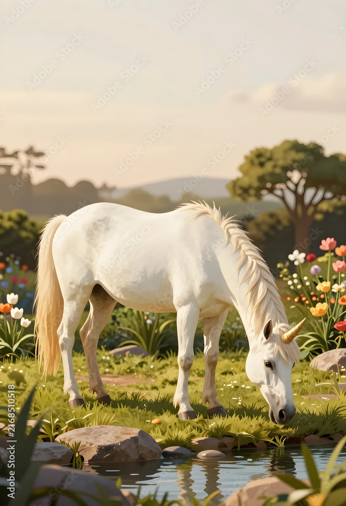Fototapeta premium Fantasy and magic concept, white unicorn drinking water in a whimsical meadow with colorful flowers and lush greenery