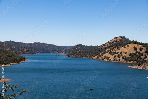 Scenic view of New Don Pedro Reservoir and Sierra Nevada foothills in Tuolumne County California