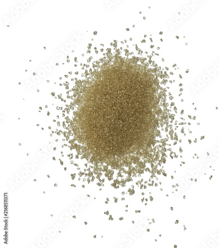 Fine golden sand granules or sugar crystals spread isolated on transparent background
