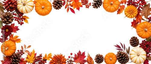Autumn harvest floral frame pumpkins pine cones leaves berries border background photo isolated PNG with Transparent Background