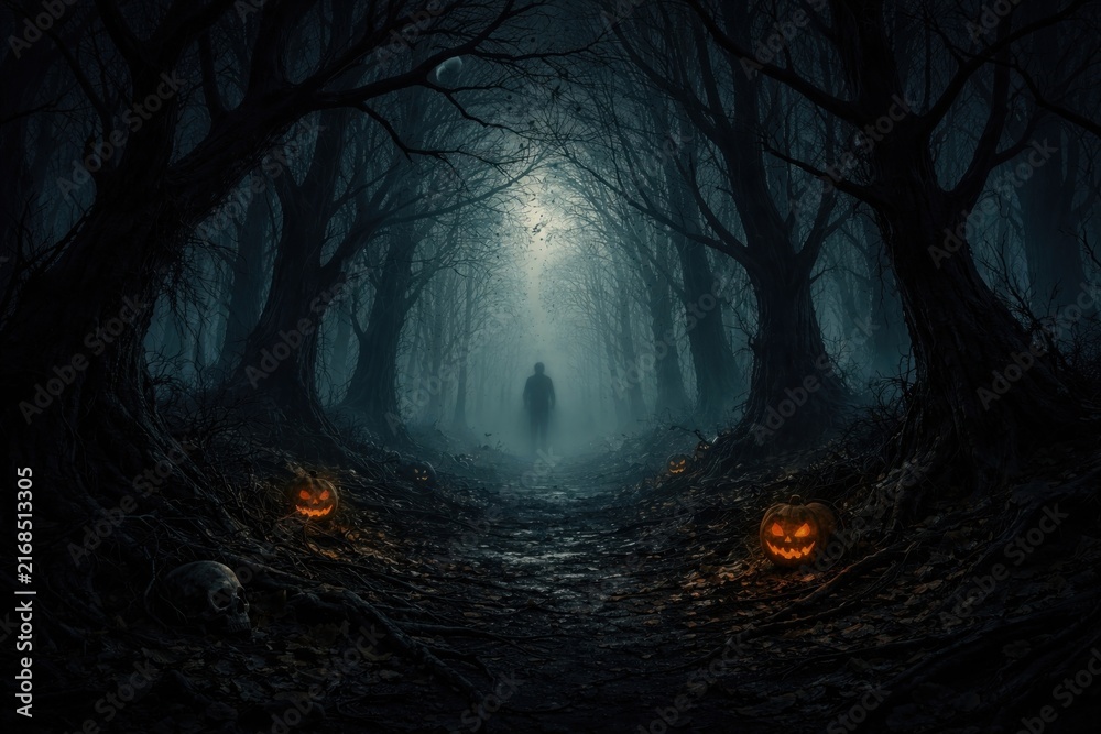 Fototapeta premium Eerie forest with glowing pumpkins.