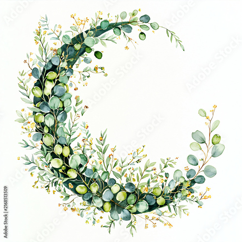 Watercolor Botanical Circle with Greenery and Yellow Flowers Design