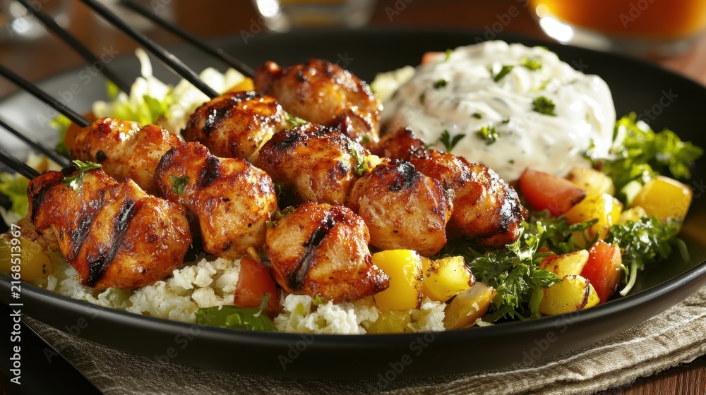 Fototapeta premium Grilled chicken skewers with vegetables and tzatziki on a black plate