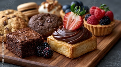 Chocolate brownie and fruit tart on wooden cutting board
