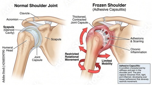 Normal shoulder joint versus frozen shoulder medical diagram