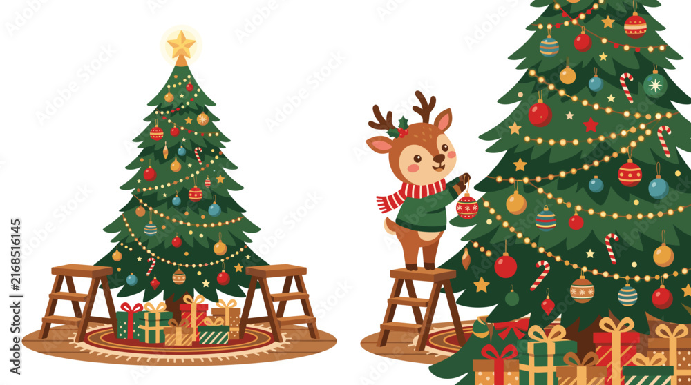Naklejka premium Cute cartoon reindeer decorating a Christmas tree with ornaments and gifts below, festive holiday illustration