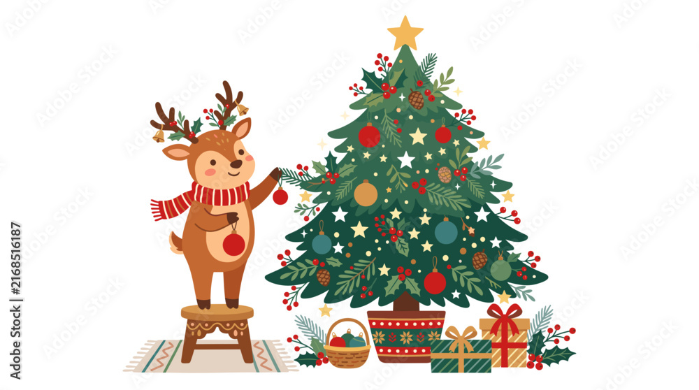 Fototapeta premium Cute cartoon reindeer decorating a festive Christmas tree with ornaments and presents below