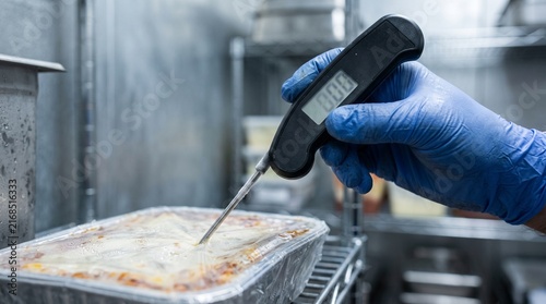 Gloved hand measuring food temperature with digital thermometer