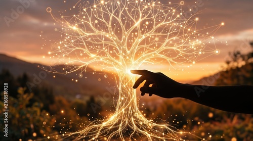 Human hand touching a glowing digital tree of life made of golden light particles and network connections at sunset, symbolizing the fusion of nature and technology, future growth