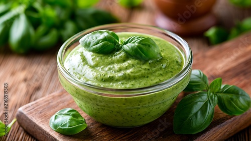 Traditional Italian Basil Pesto Sauce Close Up / 伝統的なイタリアンバジルペーストソースのクローズアップ