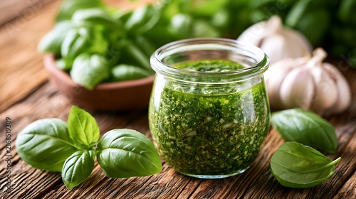 Fresh Green Pesto in Glass Jar with Basil Leaves / バジルの葉を添えたガラス瓶入りの新鮮なグリーンペースト