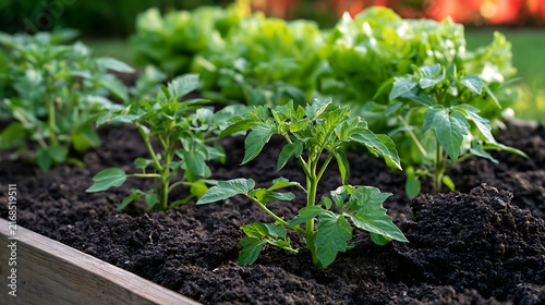 Green Tomato Seedlings growing in Garden Soil / 庭の土で育つ緑色のトマトの苗