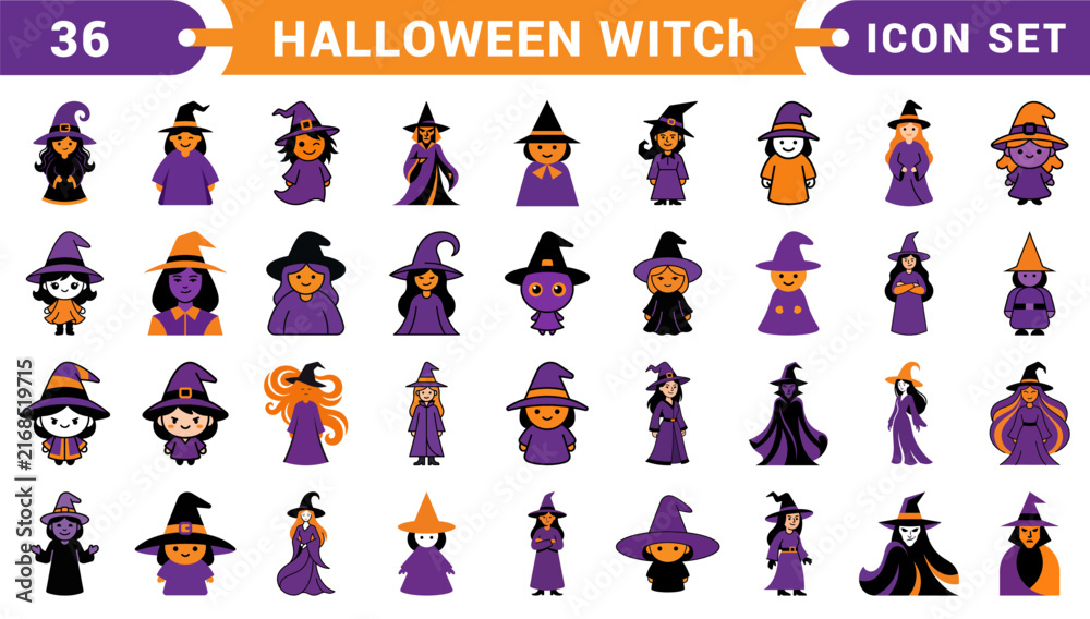 Fototapeta premium Halloween Witch Icon Set – 36 Cute Cartoon Witch Characters in Purple and Orange