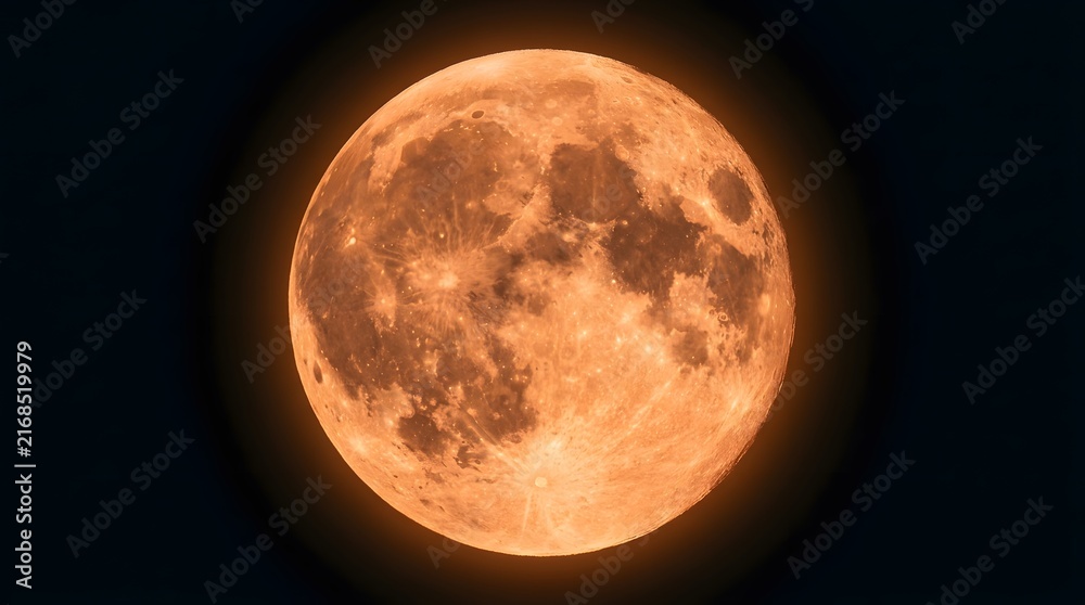 Fototapeta premium A stunning full moon glowing with a deep orange hue against the dark night sky background