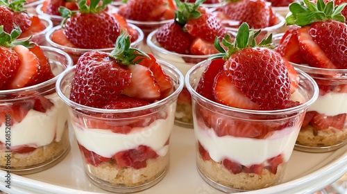 Close Up of Layered Strawberry Dessert in Glass / グラスに層状に重ねられたいちごデザートのクローズアップ