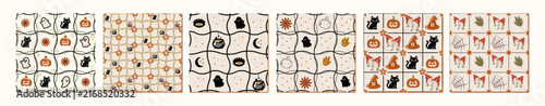 Halloween Seamless Pattern Collection with Ghost Pumpkin Cat and Witch Elements Set
