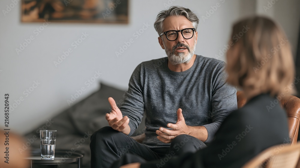 Fototapeta premium Mann spricht mit einer Therapeutin über persönliche Belastungen