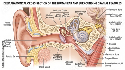 Anatomical Cross Section of Human Ear and Surrounding Features