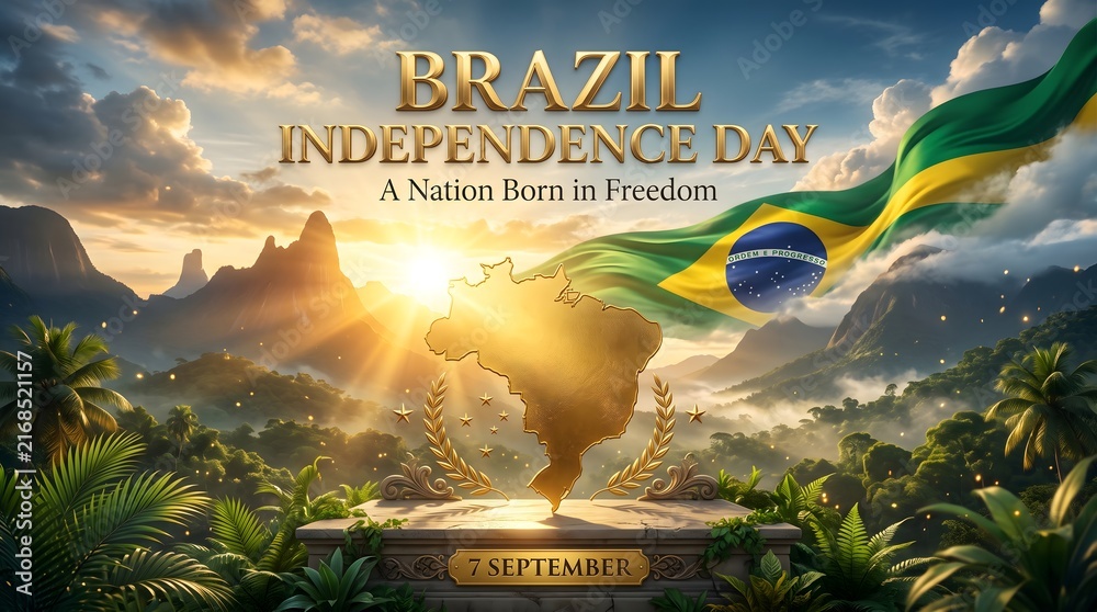 Fototapeta premium Brazil independence day celebration with golden map and national flag at sunset with Commemoration