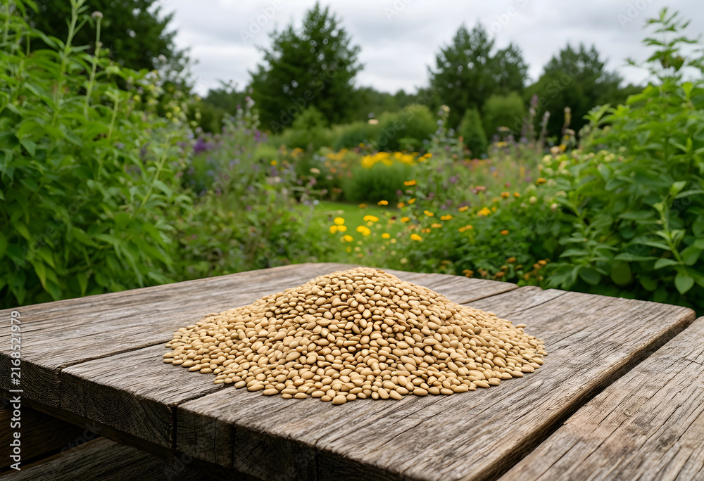 Fototapeta premium Sustainable agriculture and healthy eating, pile of organic lentils on a rustic wooden table in a vibrant garden setting