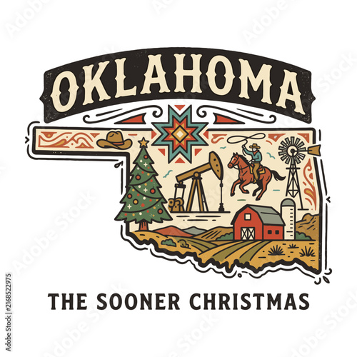 Oklahoma state map outline showing Christmas and western elements