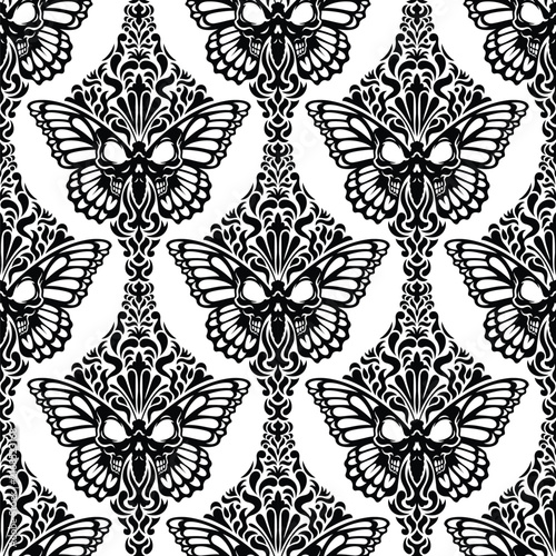 Vintage Gothic Skull Butterfly Damask Seamless Pattern for Halloween