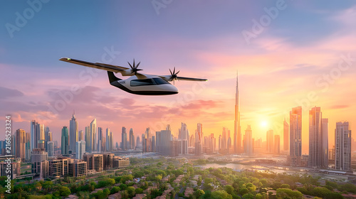 Futuristic flying vehicle soaring over vibrant city skyline sunset, showcasing innovation