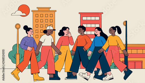 Diverse group of young people walking together in a city street vector illustration