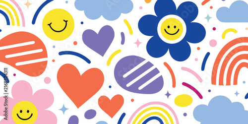 Colorful vector doodle pattern with smiley flowers hearts and rainbows on white background