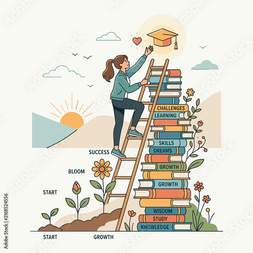 Student climbing book ladder toward education graduation goal.