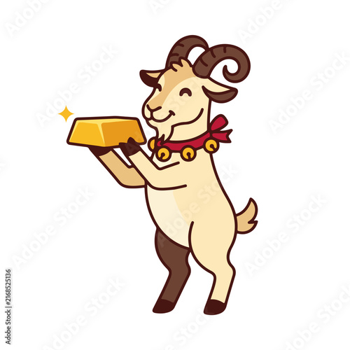 Goat standing on hind legs holding a gold bar. Animal mascot with bell collar isolated on white background