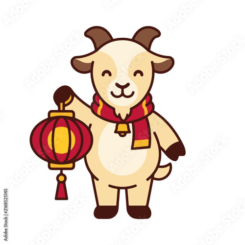 Goat mascot holding a Chinese red lantern. Lunar New Year animal character isolated on white background