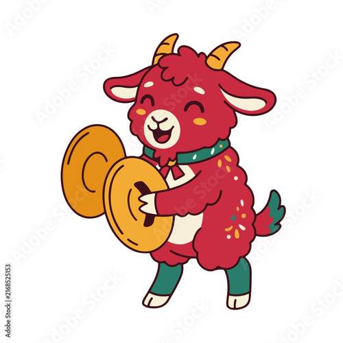 Red goat character playing cymbals. Cartoon musical mascot playing percussion instrument isolated on white background
