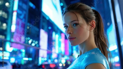 Urban Night Vision: A striking woman with a determined gaze stands amidst the vibrant, neon-lit cityscape at night, her reflective attire shimmering.