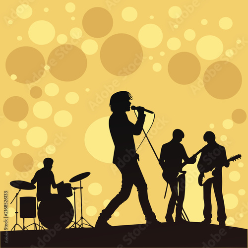 A musical performance by a rock band, silhouette of musicians on stage, singer with microphone, drummer, and guitarist, vibrant yellow background with bokeh light effect, energetic concert scene.