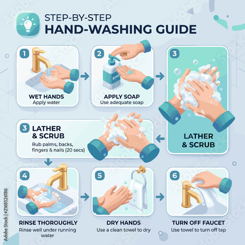 Step by step hand washing guide for daily hygiene.