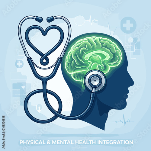 Stethoscope heart shape over brain profile for health integration.