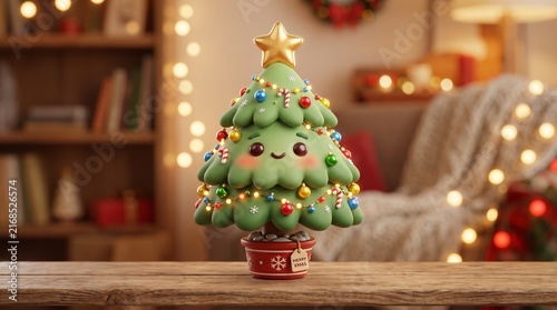 Cute 3D kawaii Christmas tree character on a wooden table
