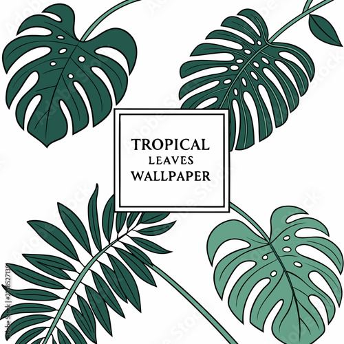 Tropical leaves wallpaper banner with square frame surrounded by monstera and palm plants flat vector illustration for home interior decoration or fashion textile.