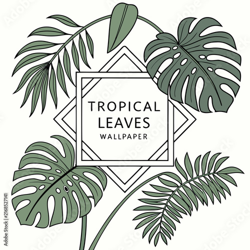 Tropical leaves wallpaper with elegant frame surrounded by lush monstera and palm foliage flat vector illustration for modern home interior wall decoration or print.