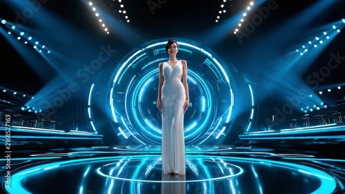 Stage Presence: A confident woman in an elegant white gown stands center stage, illuminated by futuristic blue lighting and dynamic stage effects, exuding star power and charisma.