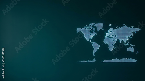 Digital futuristic world map glowing on dark teal background