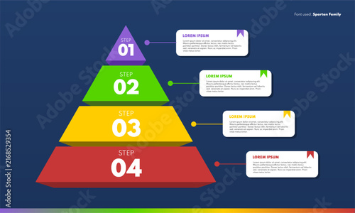 4 steps 3D pyramid infographic template with colorful levels and callout text boxes