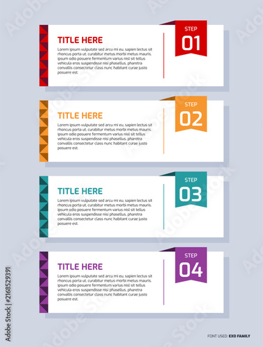 4 steps white horizontal banners infographic template with colorful ribbon step tag headers