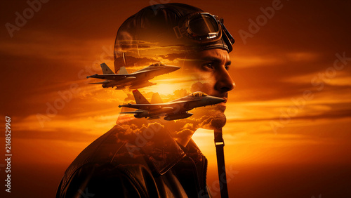 Double exposure portrait of a vintage pilot with fighter jets. Planes fly through golden clouds within the aviator silhouette. Military heroism concept, ideal for aviation history and recruitment.